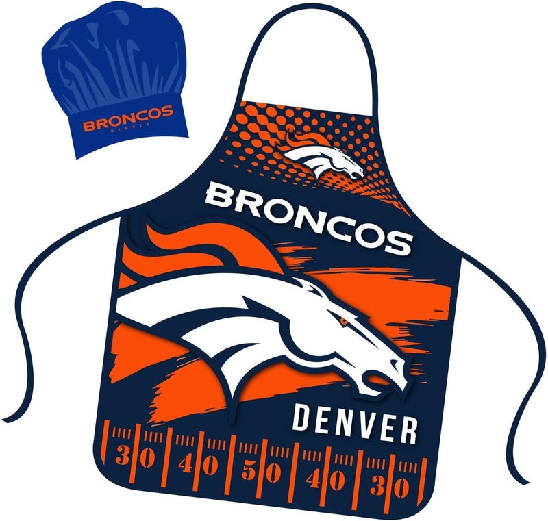 Mojo Licensing Denver Broncos Apron Chef Hat Set Full Color Universal Size Tie Back Grilling Tailgate BBQ Cooking Host - Image 2